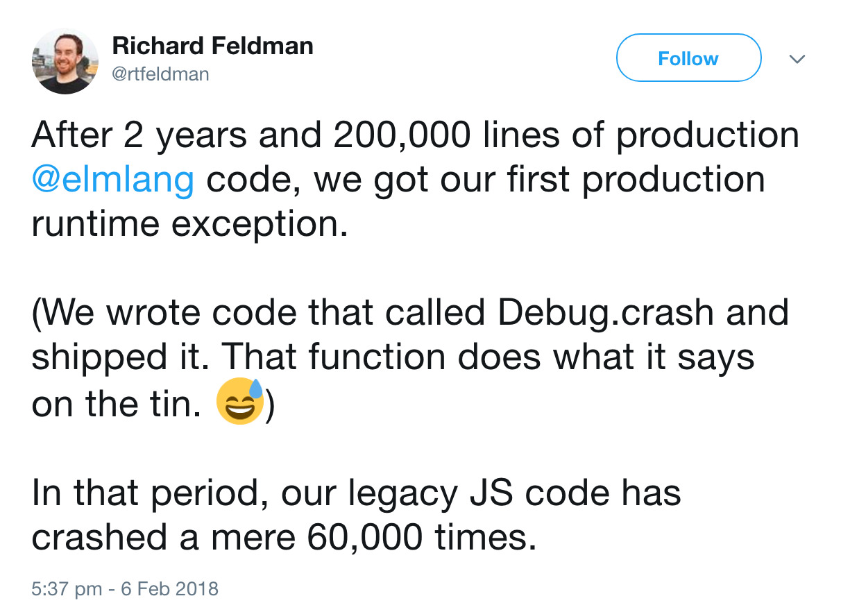 Richard Feldman explaining how sum types help Elm avoid runtime exceptions