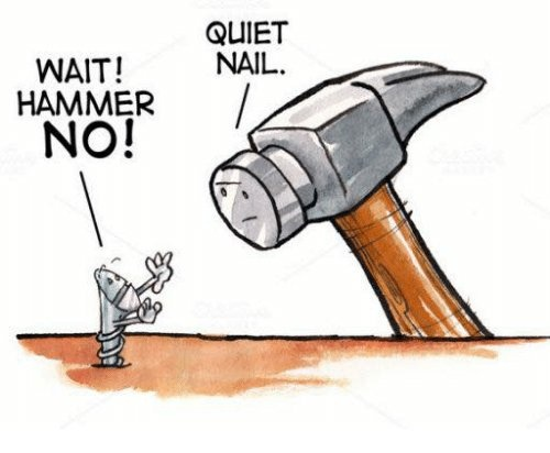 a screw shouting "wait hammer, no" and a hammer replying "quiet nail"